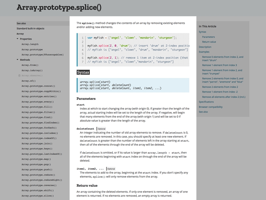Array.prototype.splice() documentation on MDN